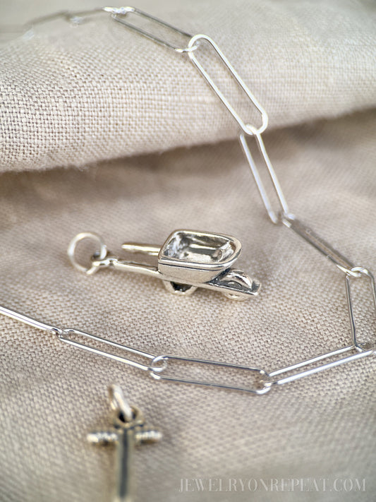 Wheelbarrow Charm Pendant in Solid Sterling Silver