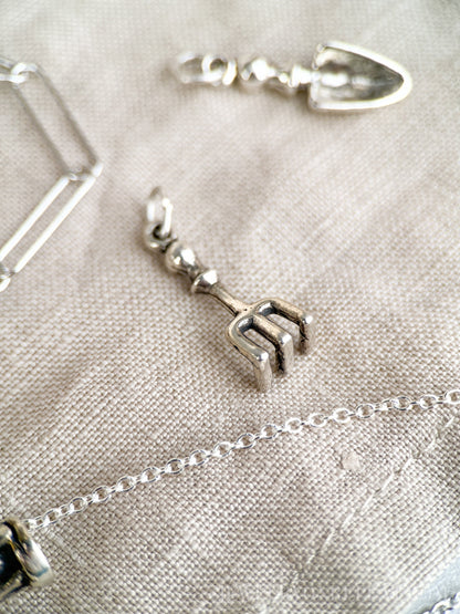Sterling Silver Garden Rake Charm Pendant, Gardening Themed Minimalist Jewelry, Gift for Her