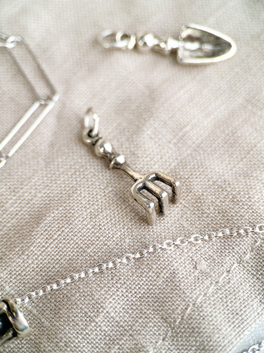Sterling Silver Garden Rake Charm Pendant, Gardening Themed Minimalist Jewelry, Gift for Her