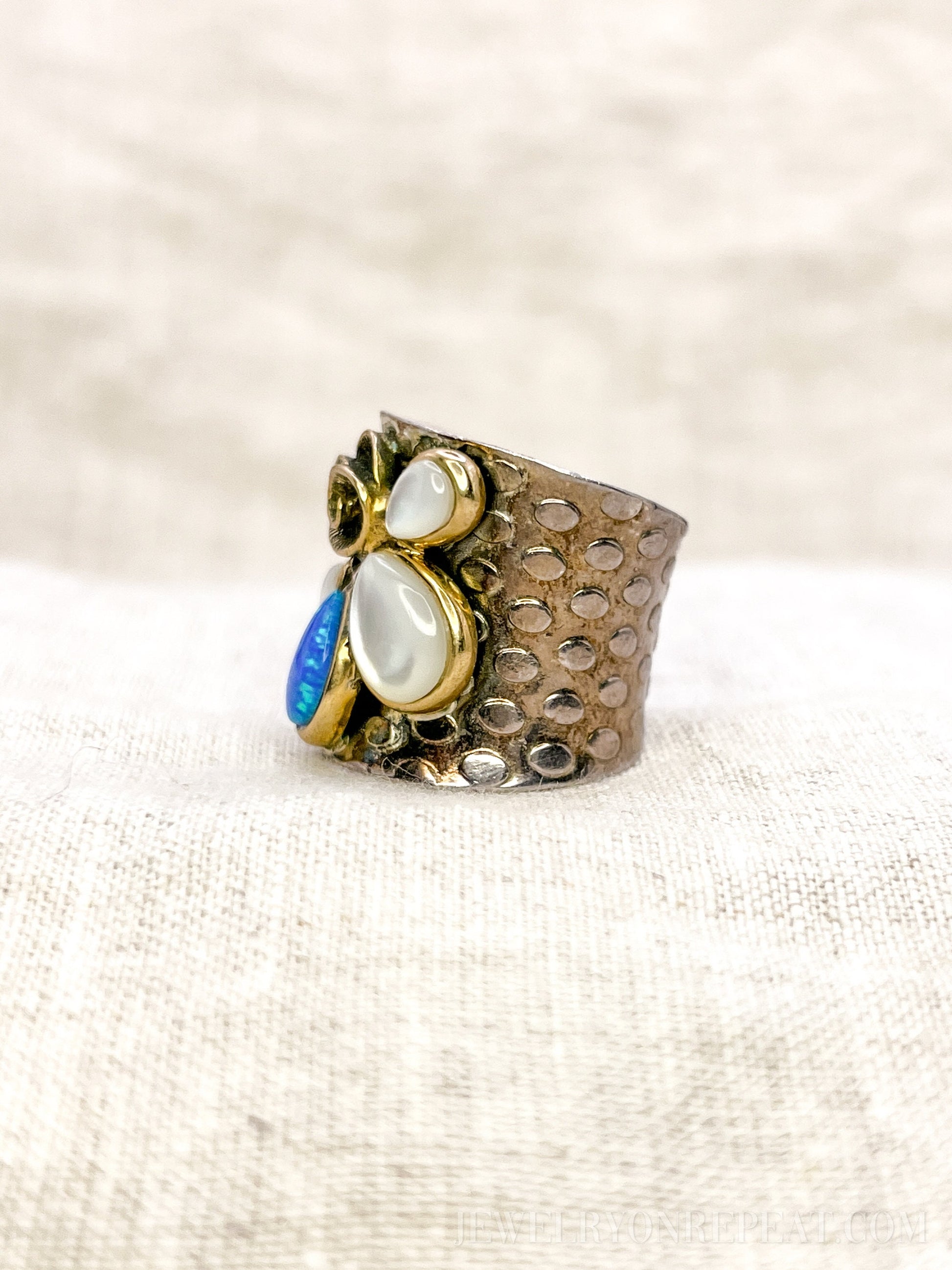 Vintage Opal Ring Sterling Silver, Wide Boho Swirl Gemstone Band, Everyday Ring