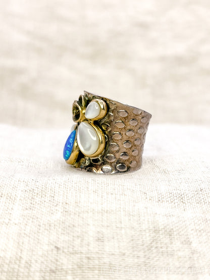 Vintage Opal Ring Sterling Silver, Wide Boho Swirl Gemstone Band, Everyday Ring