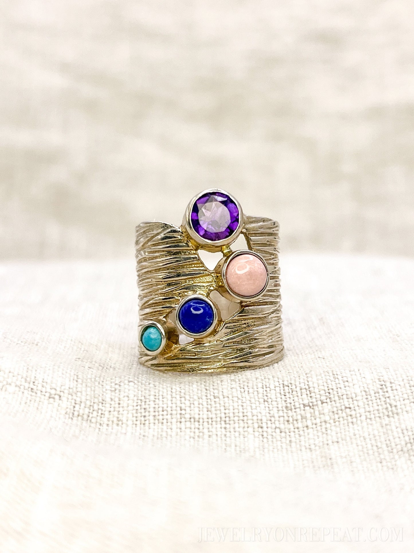 Vintage Multi-Gem Ring Sterling Silver, Modern Cluster Wide Band, Bold Everyday Ring