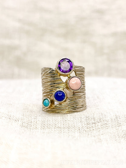 Vintage Multi-Gem Ring Sterling Silver, Modern Cluster Wide Band, Bold Everyday Ring