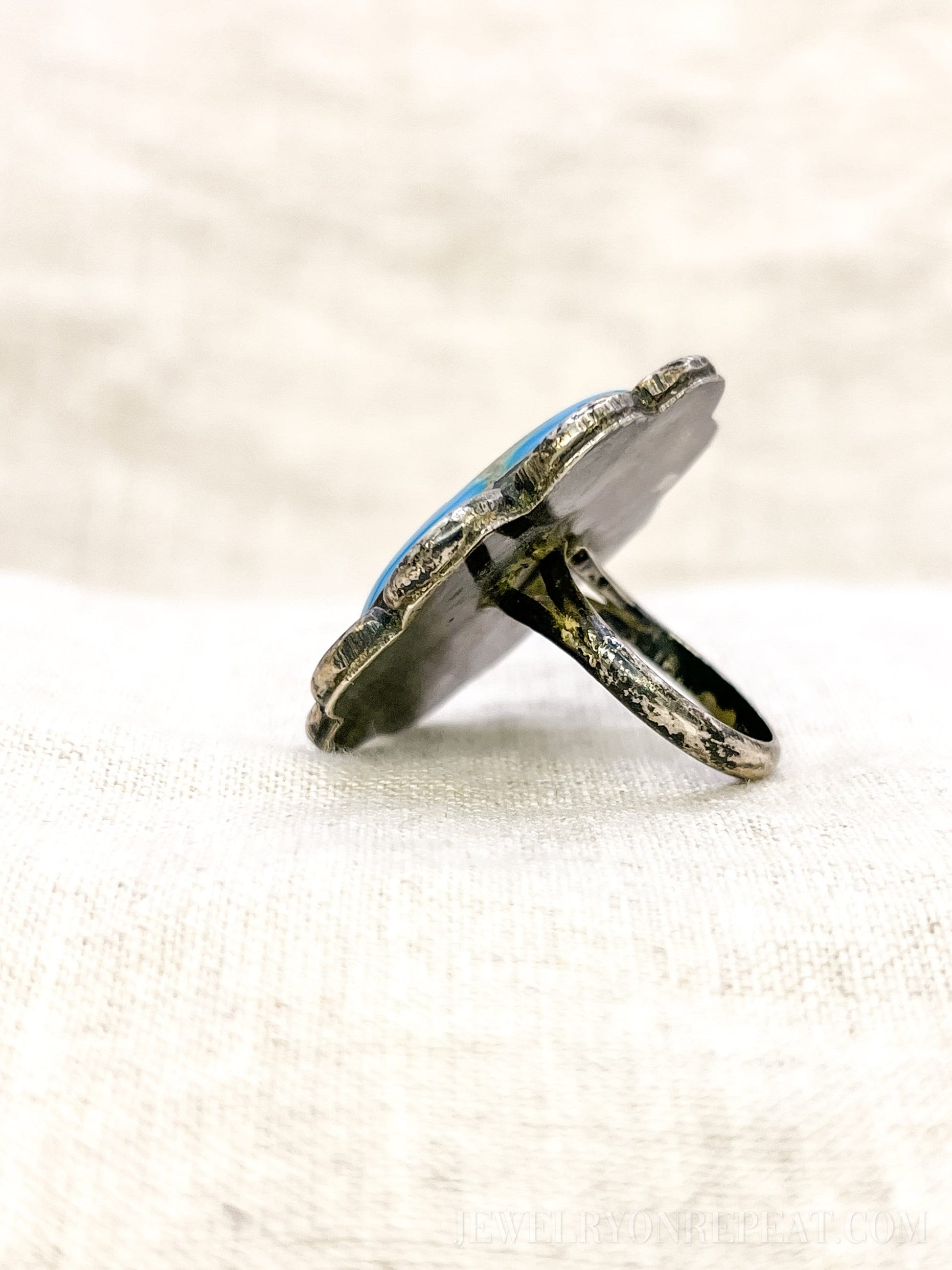 Vintage Turquoise Statement Ring, Sterling Silver Boho Jewelry, Scalloped Artisan Ring