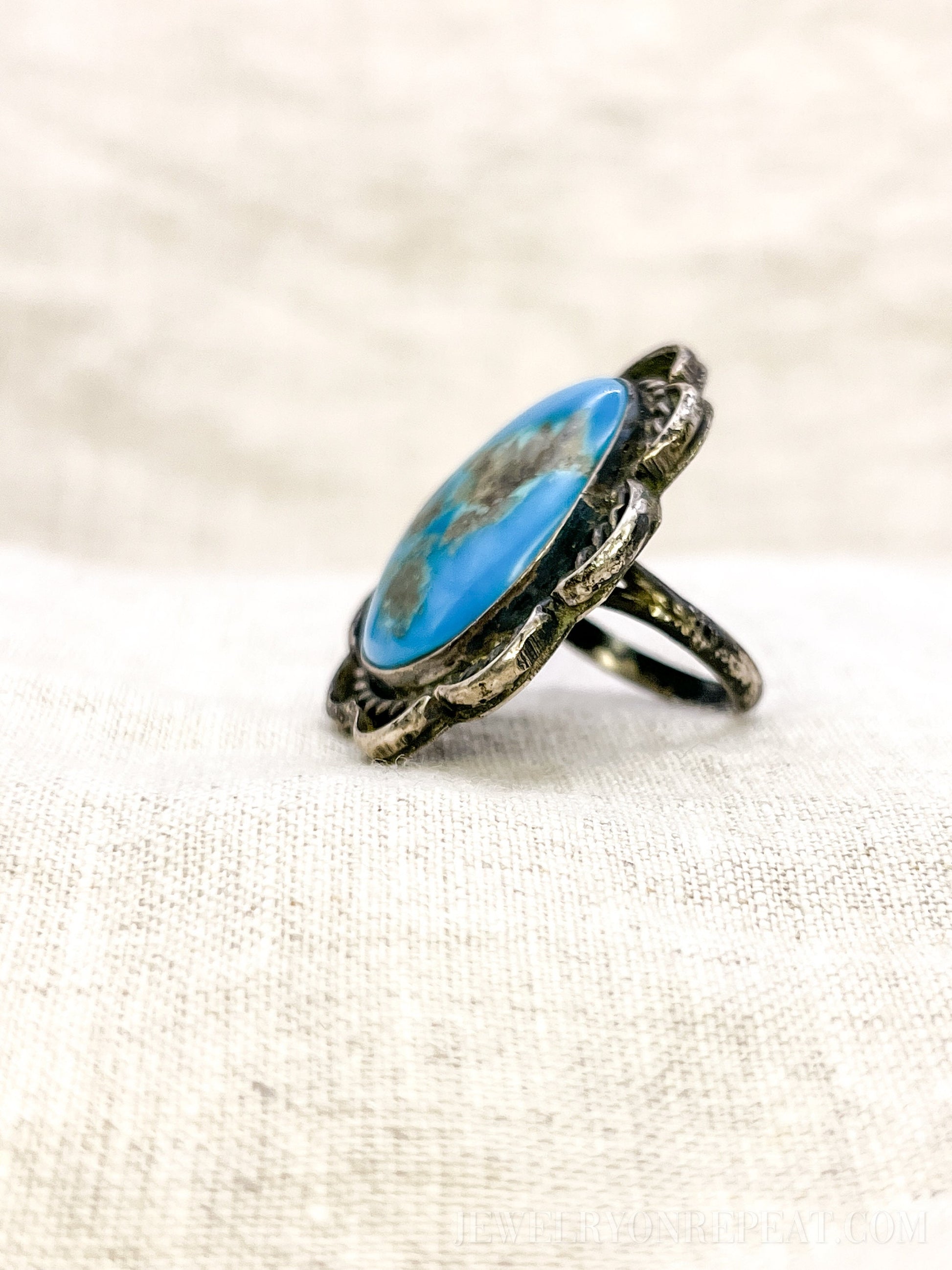 Vintage Turquoise Statement Ring, Sterling Silver Boho Jewelry, Scalloped Artisan Ring