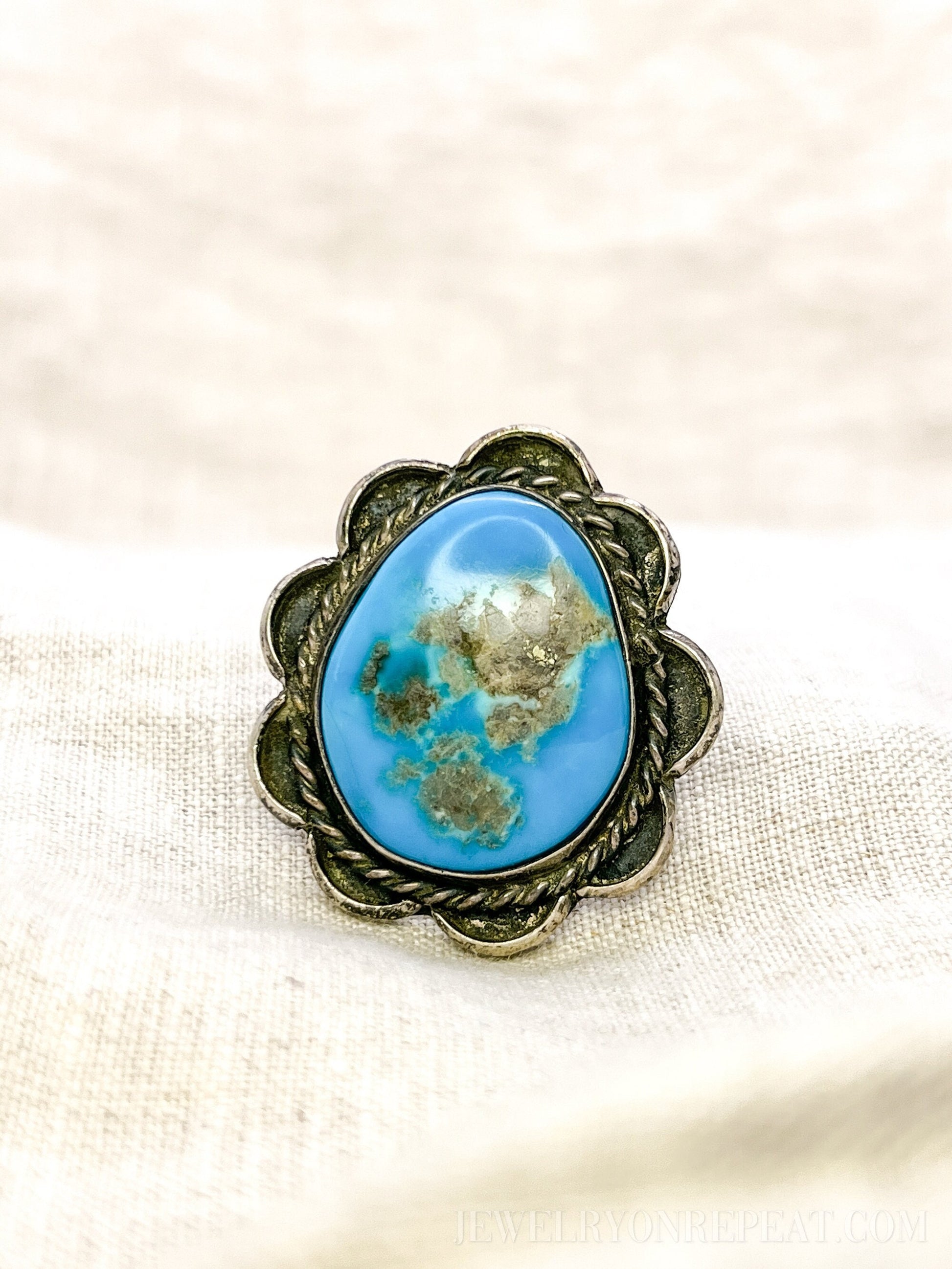 Vintage Turquoise Statement Ring, Sterling Silver Boho Jewelry, Scalloped Artisan Ring