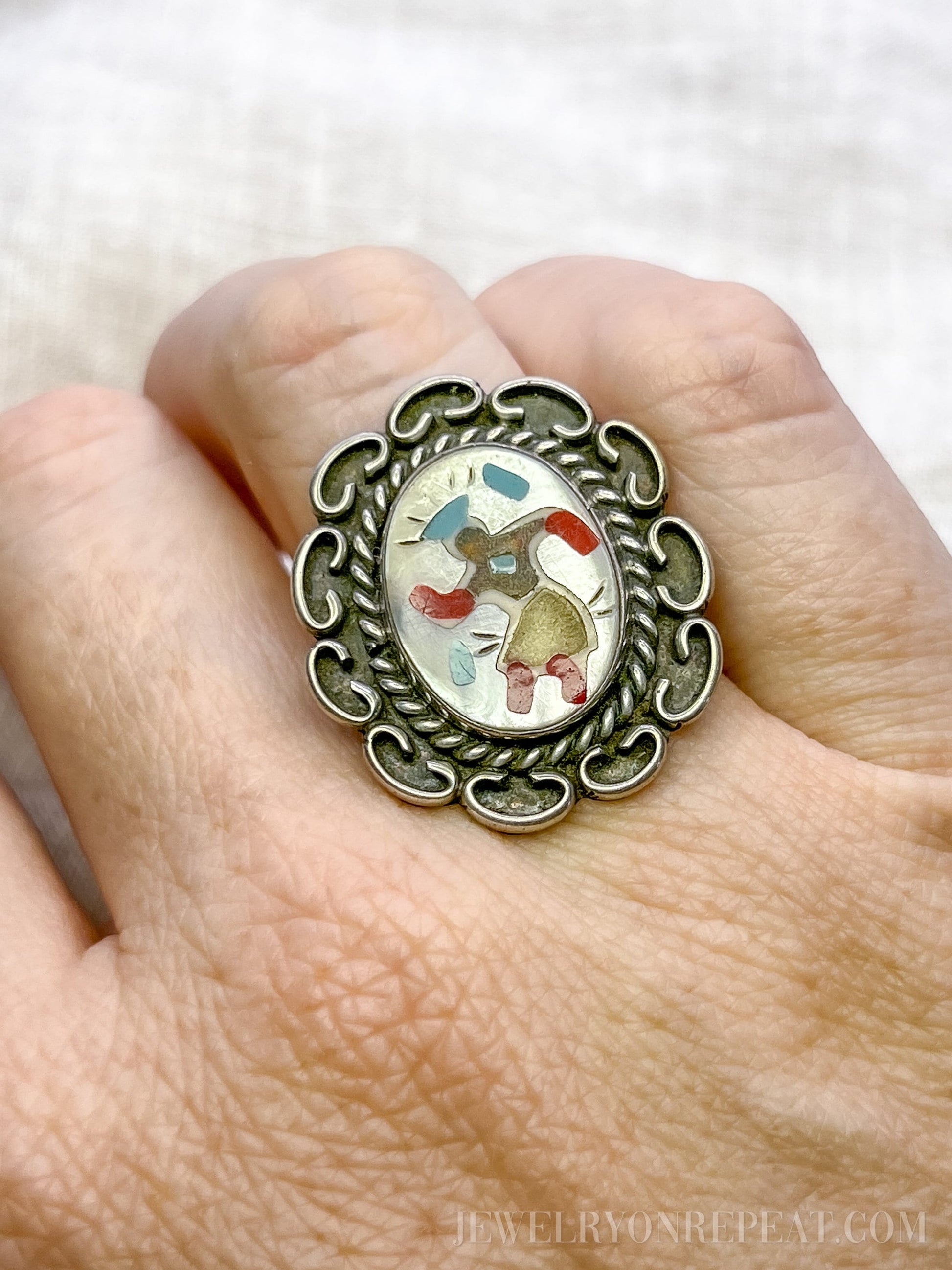 Vintage Sterling Silver Dancer Ring, Mother of Pearl Coral Inlay, Boho Statement Jewelry