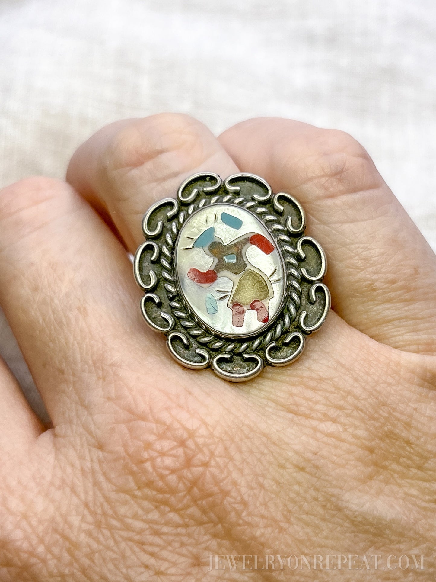 Vintage Sterling Silver Dancer Ring, Mother of Pearl Coral Inlay, Boho Statement Jewelry