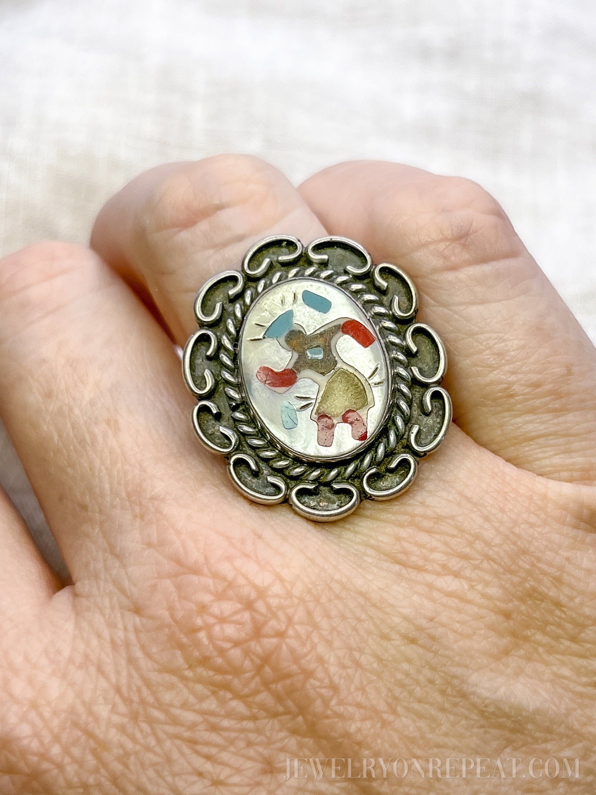 Vintage Sterling Silver Dancer Ring, Mother of Pearl Coral Inlay, Boho Statement Jewelry