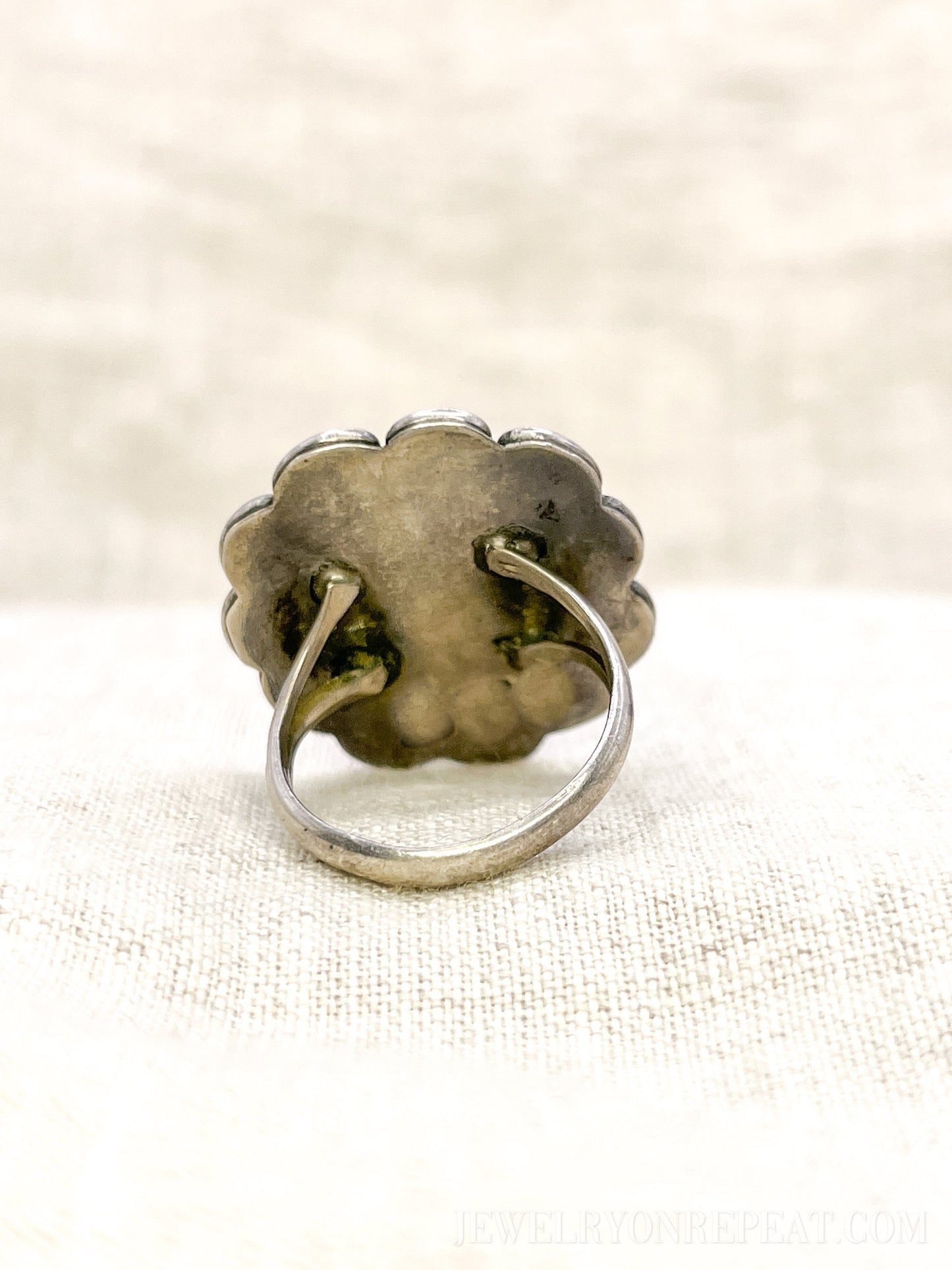 Vintage Sterling Silver Dancer Ring, Mother of Pearl Coral Inlay, Boho Statement Jewelry