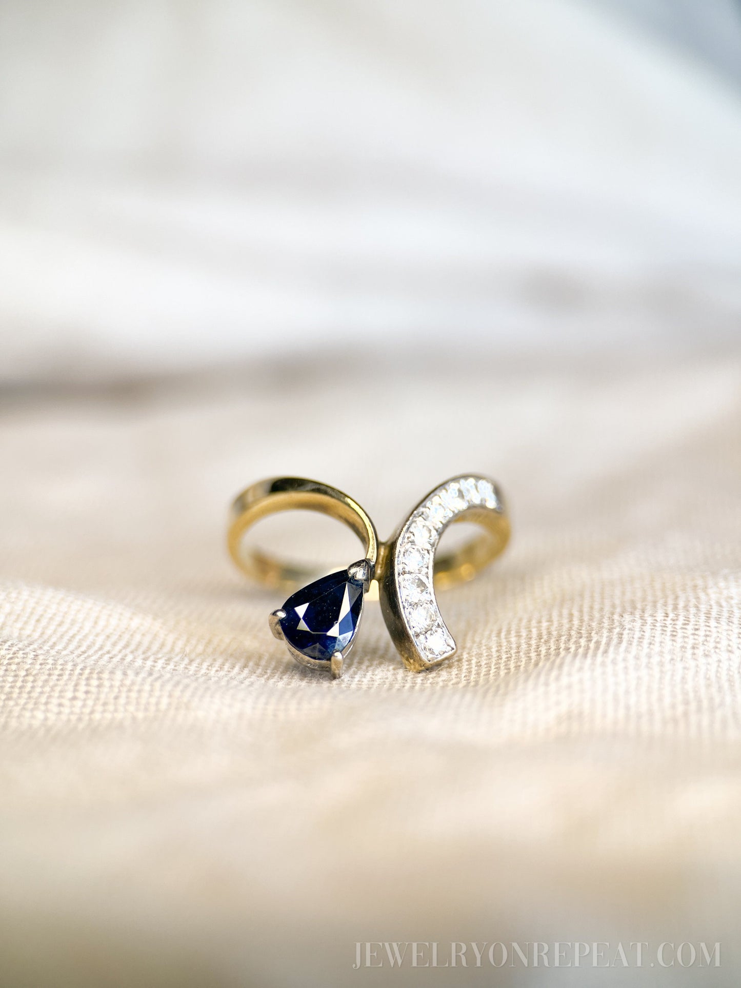 Vintage 1970s Asymmetrical Sapphire & Diamond Ring, 14k Gold