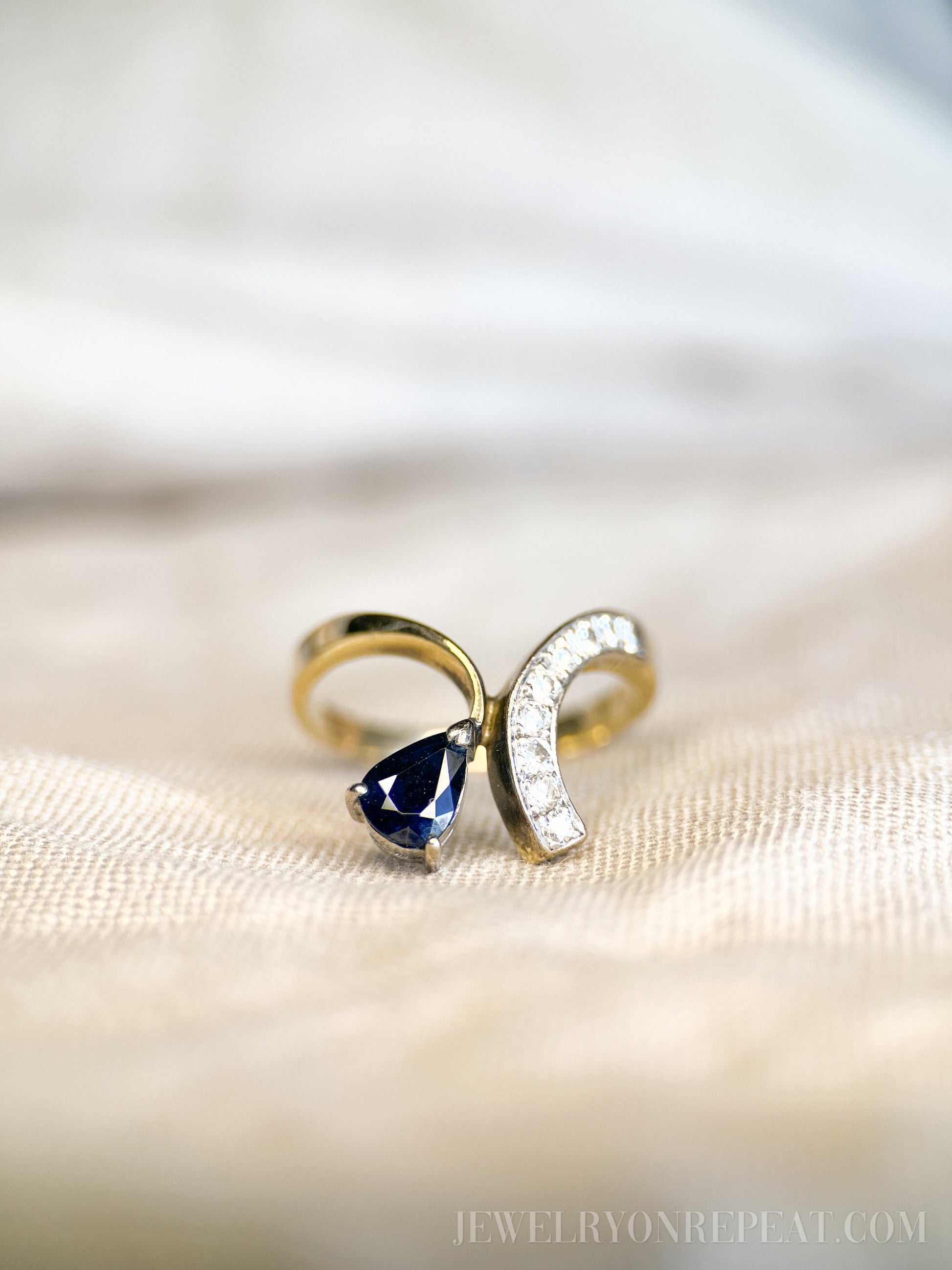 Vintage 1970s Asymmetrical Sapphire & Diamond Ring, 14k Gold