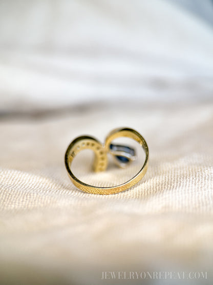 Vintage Sapphire and Diamond Ring, 14k Gold, Asymmetrical Pear Toi et Moi, 1970s Jewelry