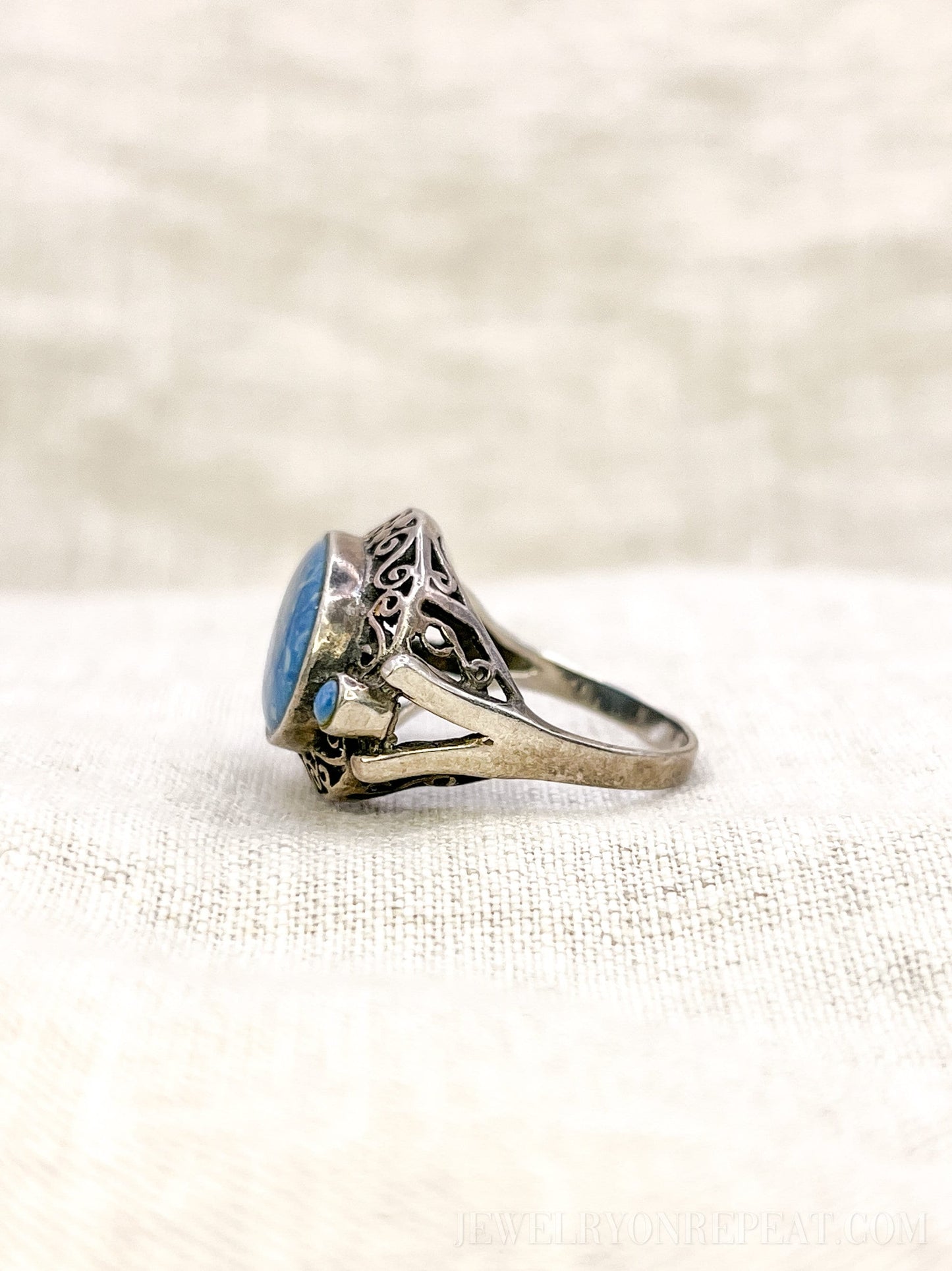 Vintage Sterling Silver Blue Aventurine Filigree Ring, Boho Statement Jewelry