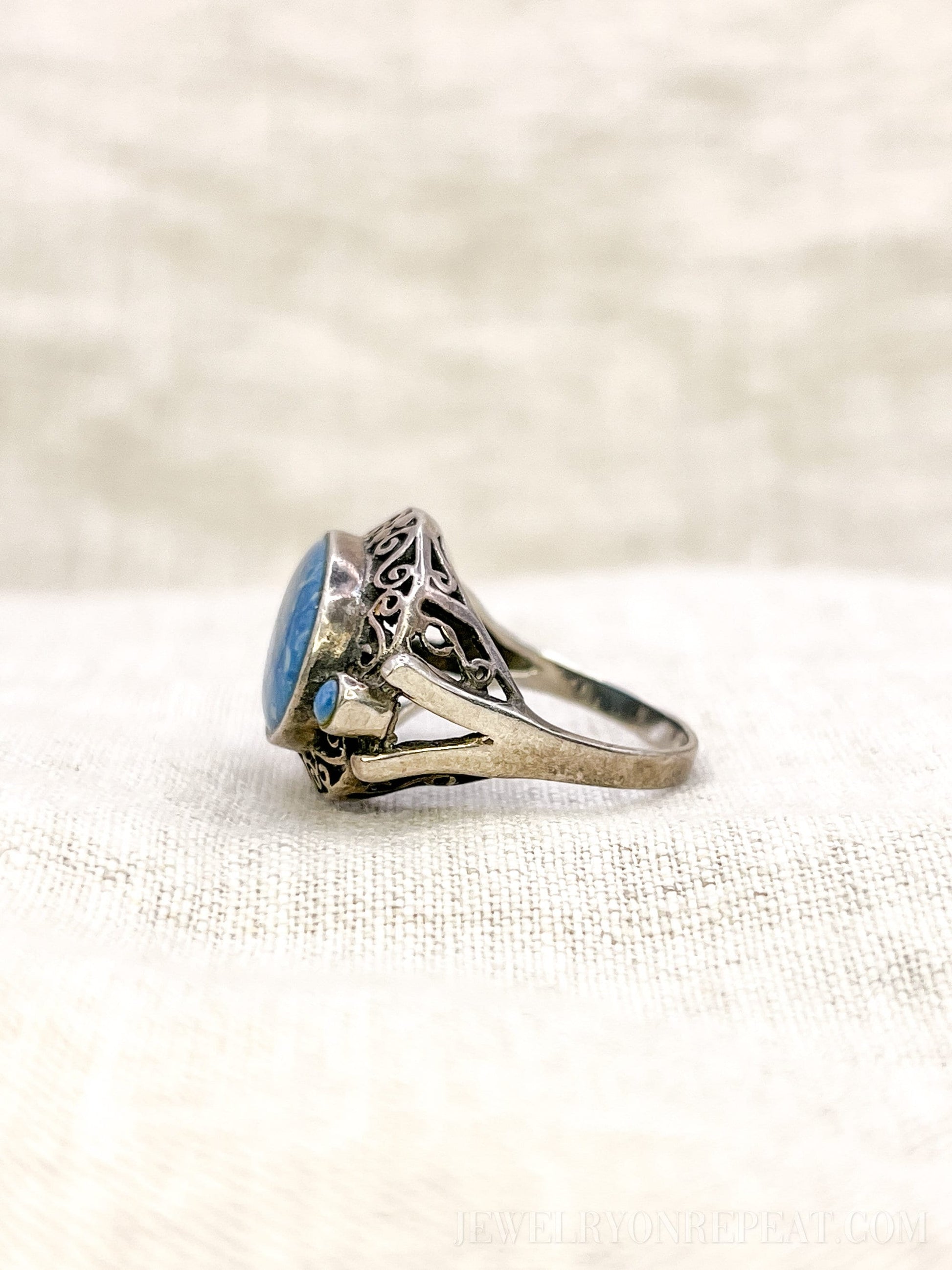 Vintage Sterling Silver Blue Aventurine Filigree Ring, Boho Statement Jewelry