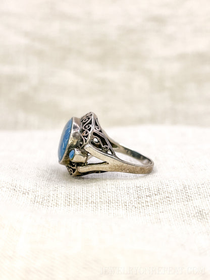 Vintage Sterling Silver Blue Aventurine Filigree Ring, Boho Statement Jewelry