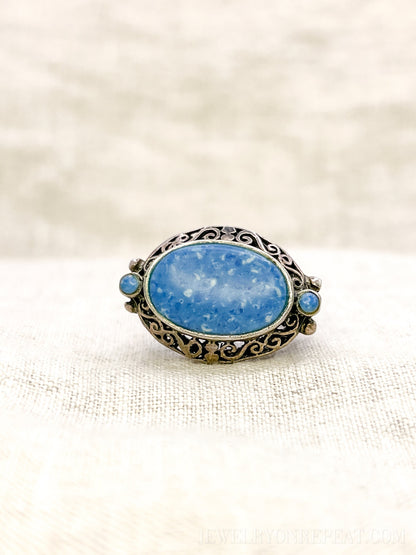 Vintage Sterling Silver Blue Aventurine Filigree Ring, Boho Statement Jewelry