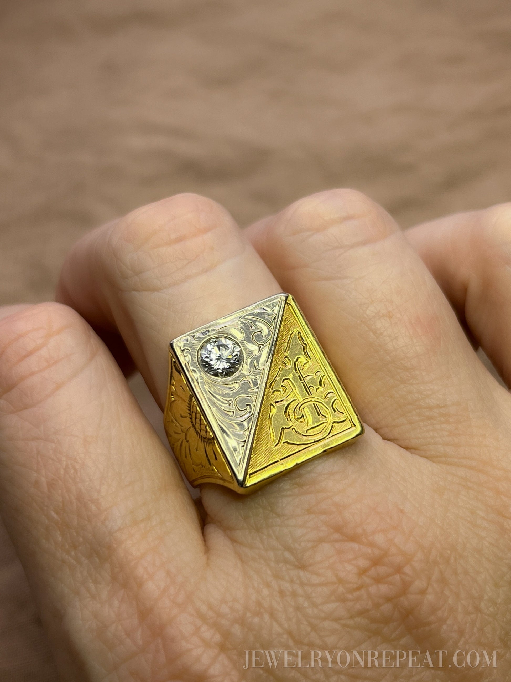 Vintage 1970s Filigree "T" Diamond Signet Ring in 18k Gold