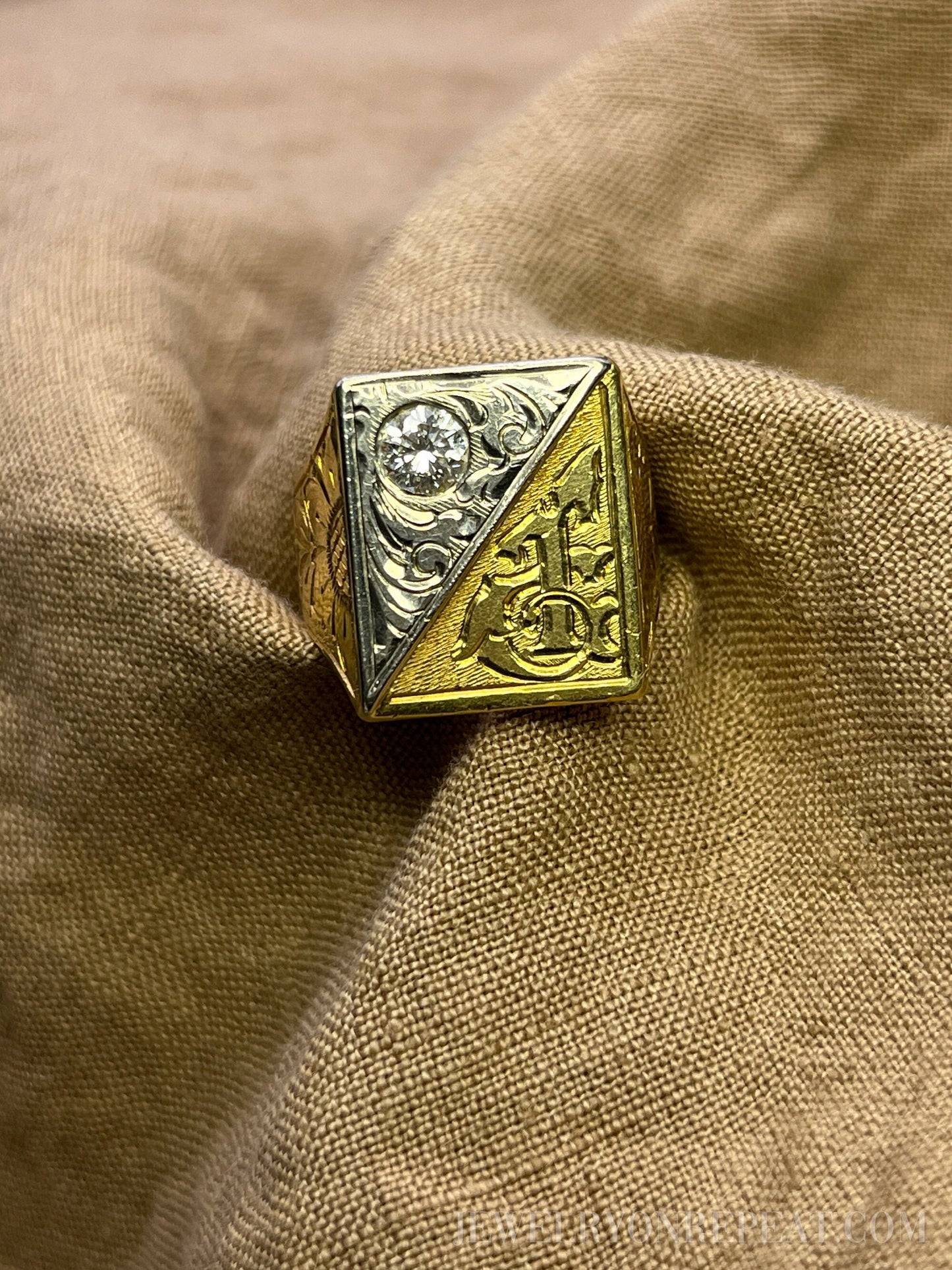 Vintage 1970s Filigree "T" Diamond Signet Ring in 18k Gold