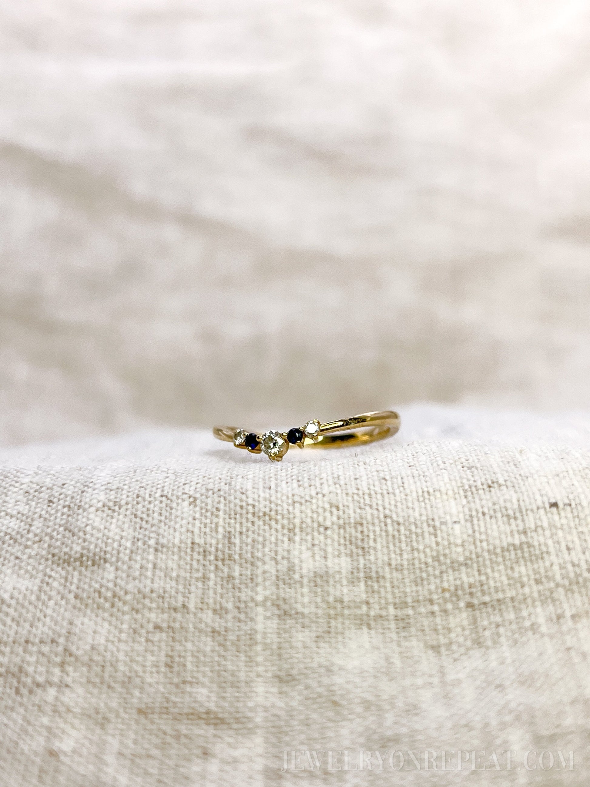 Vintage 1990s Diamond & Sapphire Ring, 14k Gold Curved Chevron Wedding Band • One-of-a-kind Jewelry