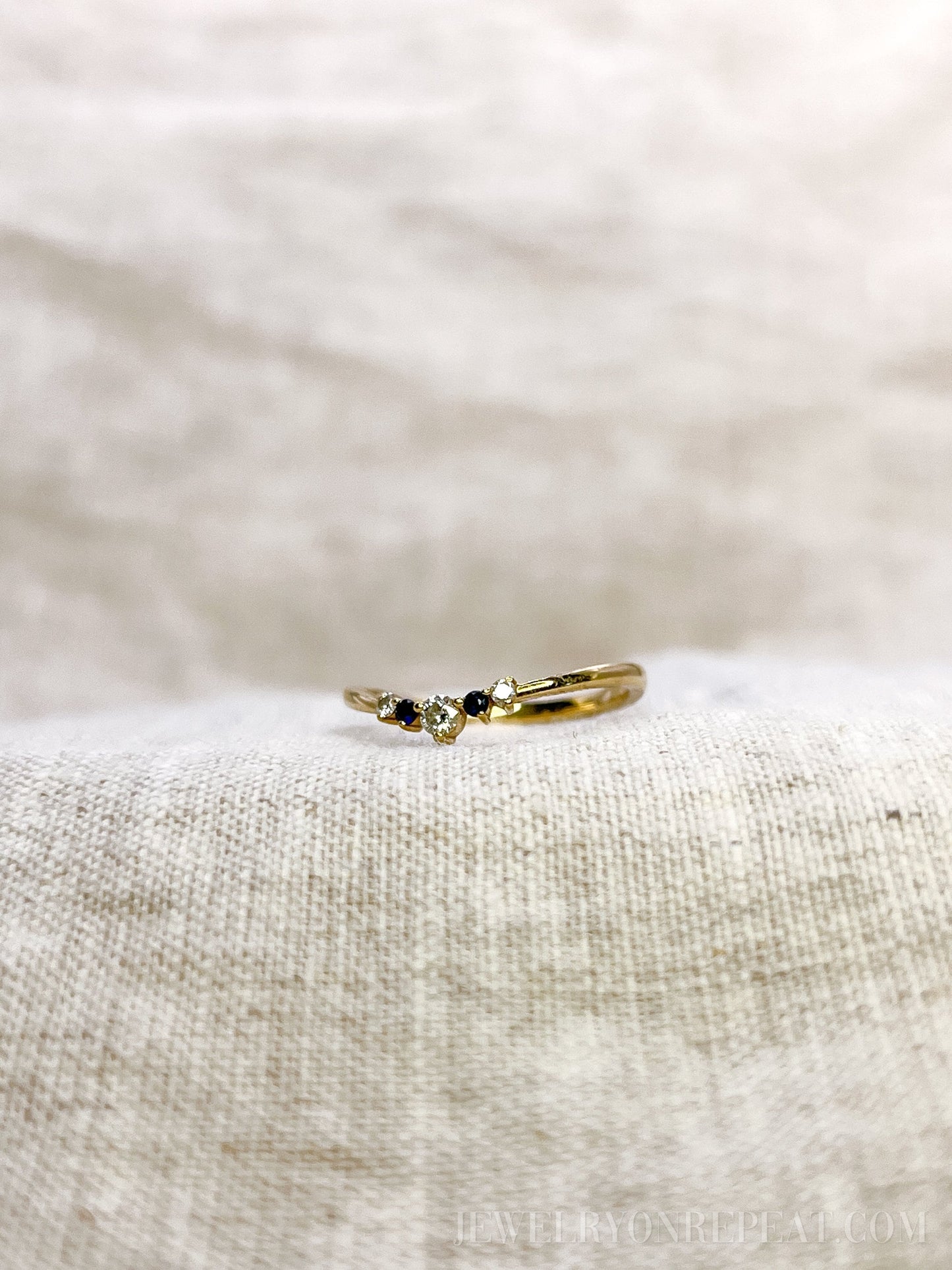 Vintage 1990s Diamond & Sapphire Ring, 14k Gold Curved Chevron Wedding Band • One-of-a-kind Jewelry