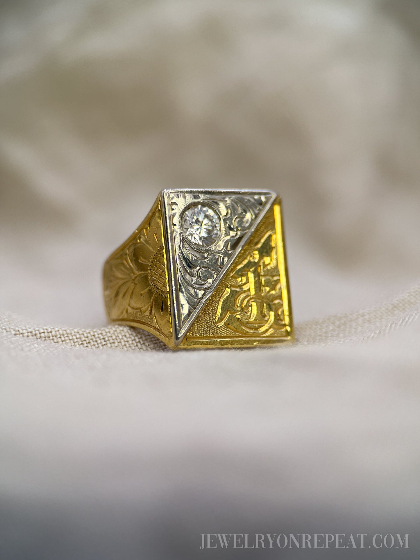 Vintage 1970s Filigree "T" Diamond Signet Ring in 18k Gold