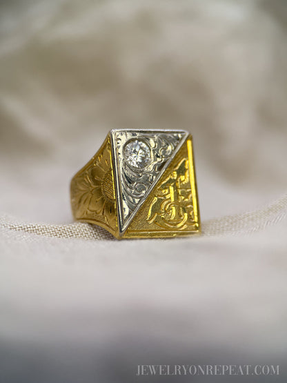 Vintage 1970s Filigree "T" Diamond Signet Ring in 18k Gold