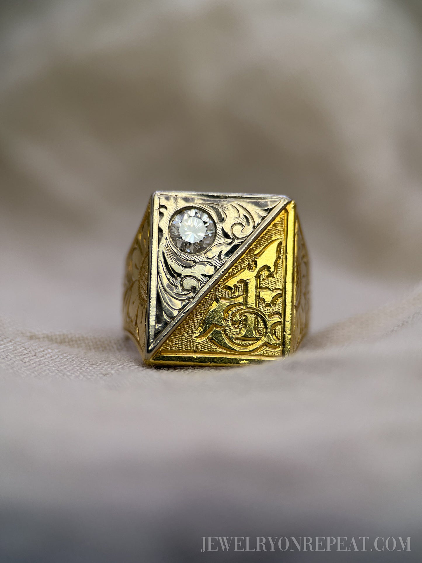 Vintage 1970s Filigree "T" Diamond Signet Ring in 18k Gold