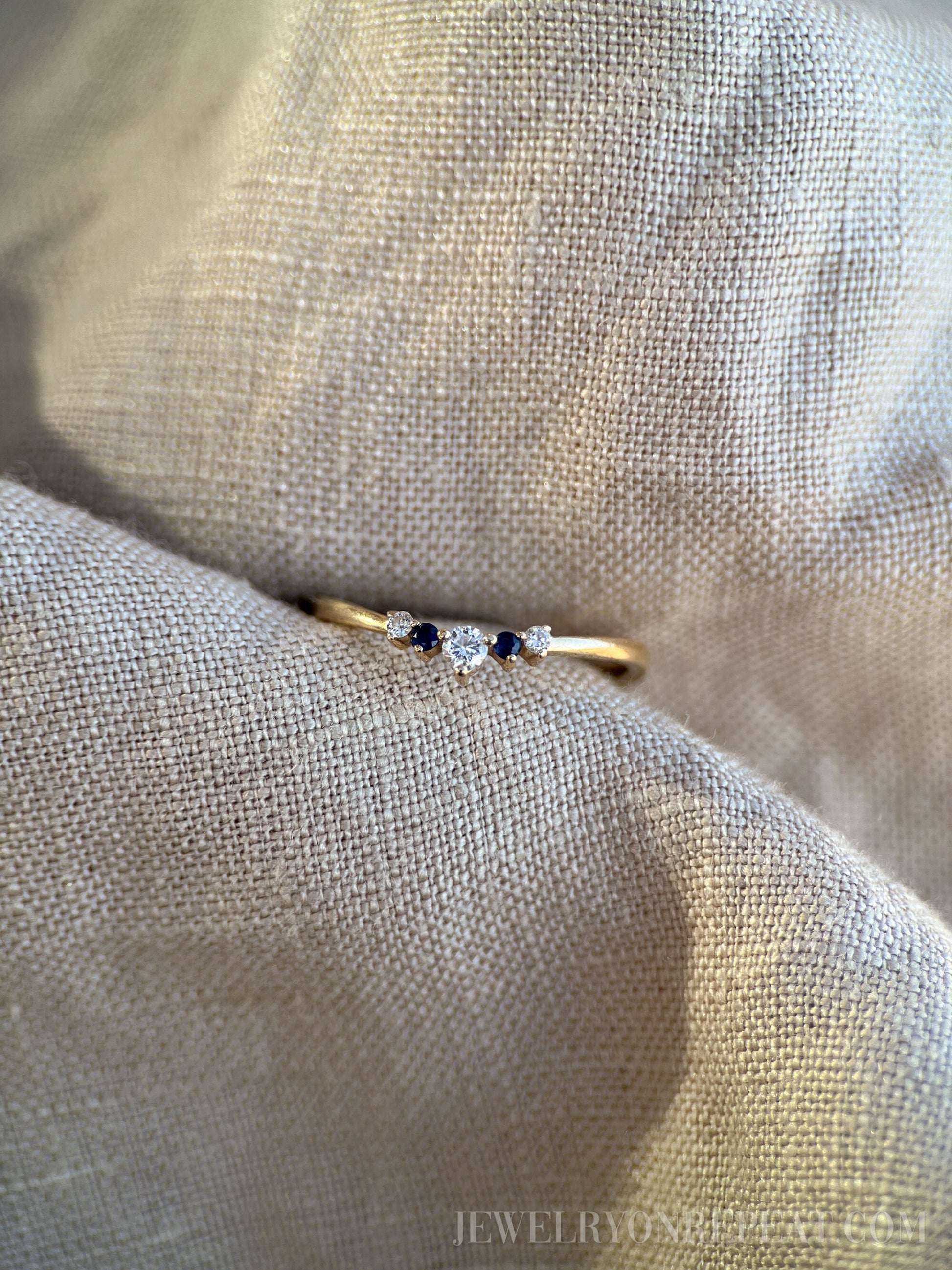 Vintage 1990s Diamond & Sapphire Ring, 14k Gold Curved Chevron Wedding Band • One-of-a-kind Jewelry