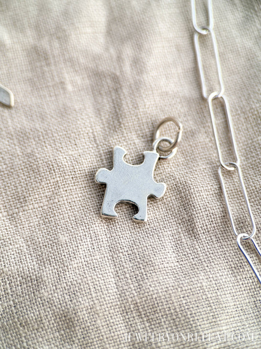 Sterling Silver Puzzle Piece Charm Pendant, Autism Awareness & Puzzle Themed Jewelry, Gift for Her