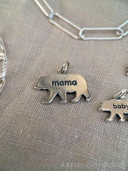 Sterling Silver Mama & Baby Bear Charm Pendants, Mothers Themed Minimalist Jewelry, Gift for Her