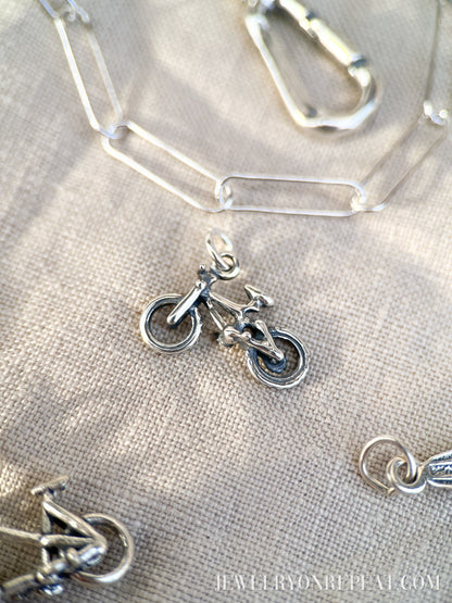 Sterling Silver Mountain Bike Charm Pendant, Cycling Themed Minimalist Jewelry, Gift for Her