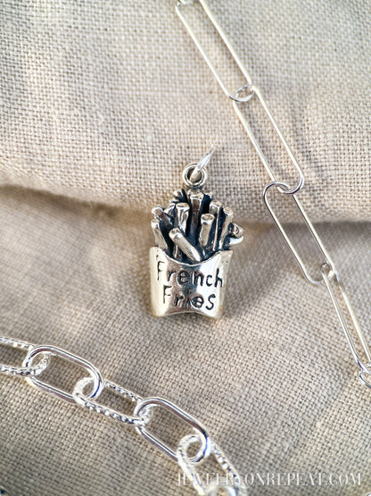 Sterling Silver French Fries Charm Pendant, Food Themed Minimalist Jewelry, Gift for Her
