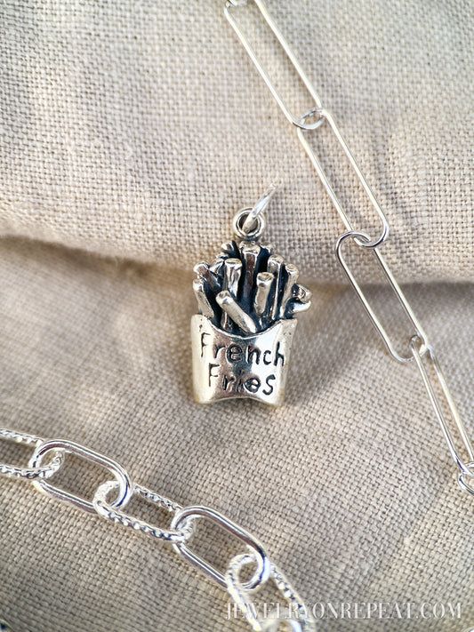 Sterling Silver French Fries Charm Pendant, Food Themed Minimalist Jewelry, Gift for Her