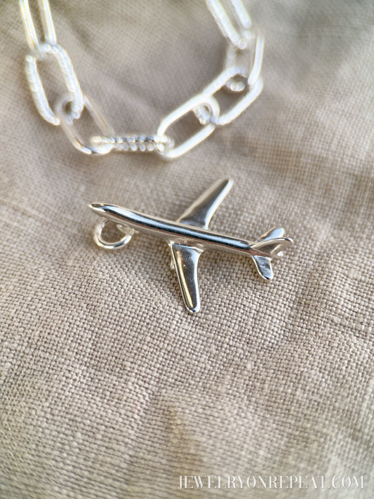 Jet Airplane Charm Pendant in Solid Sterling Silver