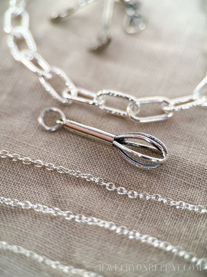 Sterling Silver Whisk Charm Pendant, Cooking & Baking Themed Minimalist Jewelry, Gift for Her
