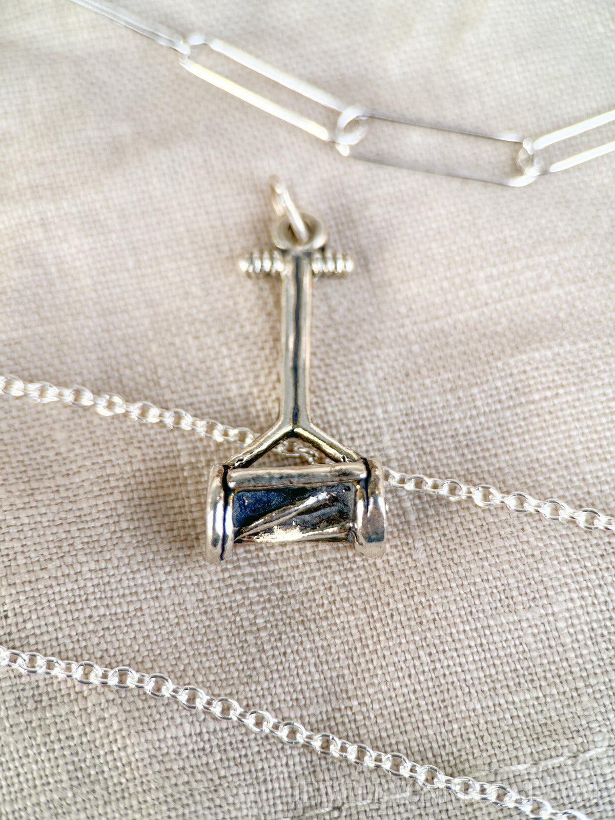 Sterling Silver Push Mower Charm Pendant, Gardening Themed Minimalist Jewelry, Gift for Her