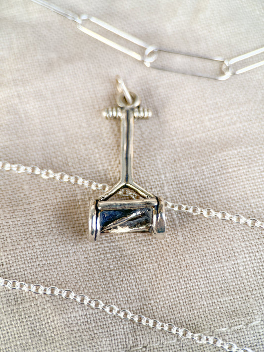 Sterling Silver Push Mower Charm Pendant, Gardening Themed Minimalist Jewelry, Gift for Her