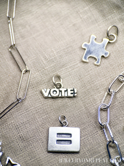 Sterling Silver VOTE! Charm Pendant, Election Themed Minimalist Jewelry, Gift for Her
