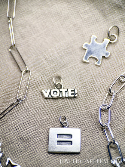 Sterling Silver VOTE! Charm Pendant, Election Themed Minimalist Jewelry, Gift for Her