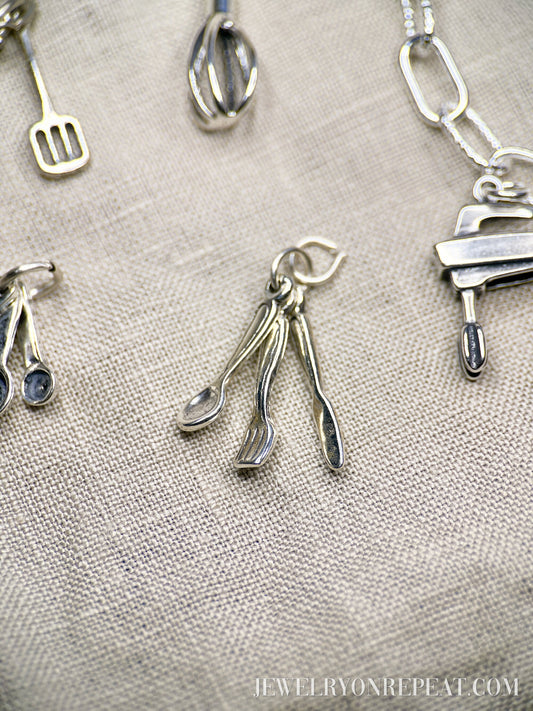 Cutlery Utensils Charm Pendant in Solid Sterling Silver