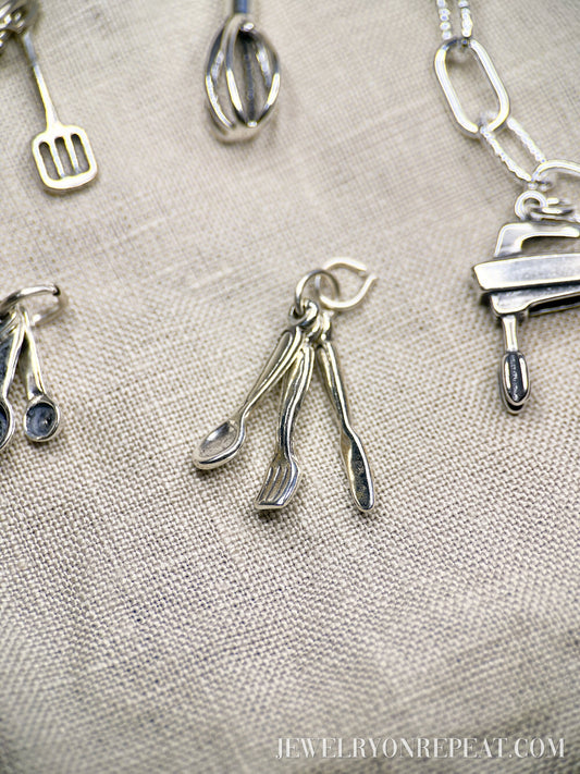 Sterling Silver Utensils Cutlery Charm Pendant, Kitchen Themed Minimalist Jewelry, Gift for Her