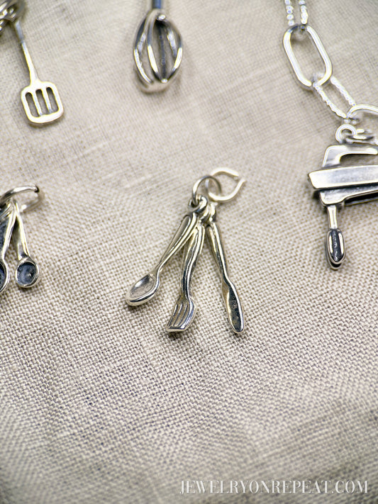 Sterling Silver Utensils Cutlery Charm Pendant, Kitchen Themed Minimalist Jewelry, Gift for Her