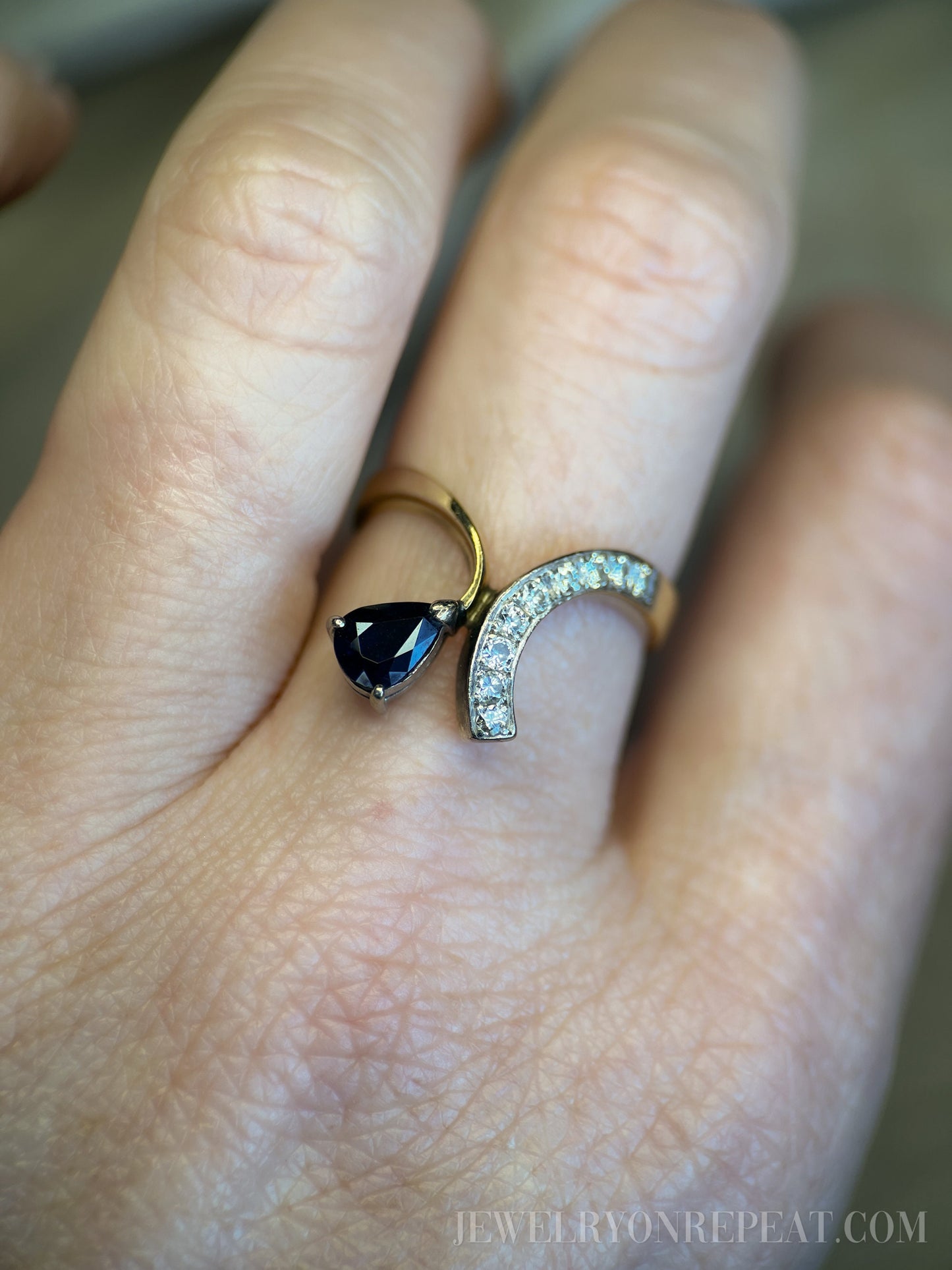Vintage 1970s Asymmetrical Sapphire & Diamond Ring, 14k Gold