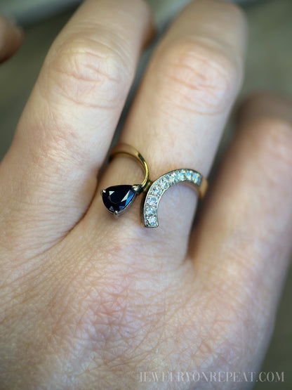 Vintage 1970s Asymmetrical Sapphire & Diamond Ring, 14k Gold