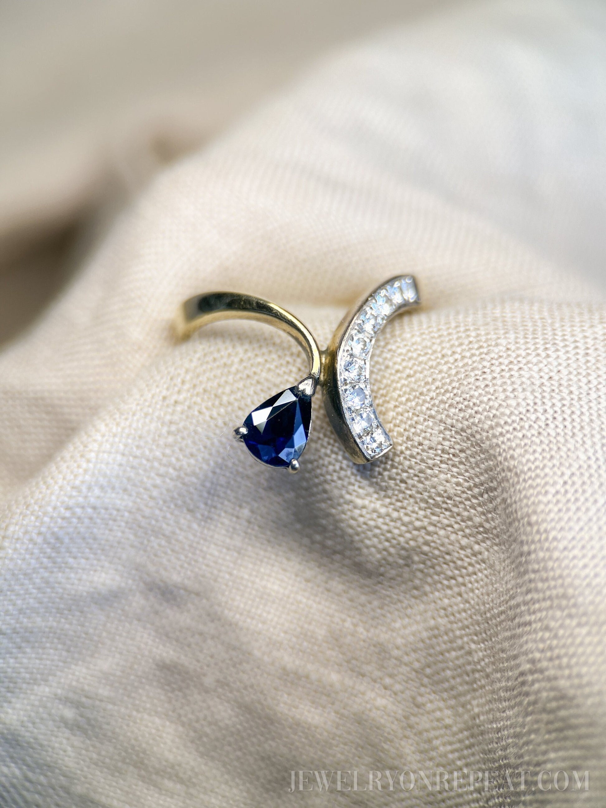 Vintage 1970s Asymmetrical Sapphire & Diamond Ring, 14k Gold