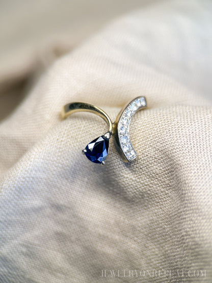 Vintage 1970s Asymmetrical Sapphire & Diamond Ring, 14k Gold