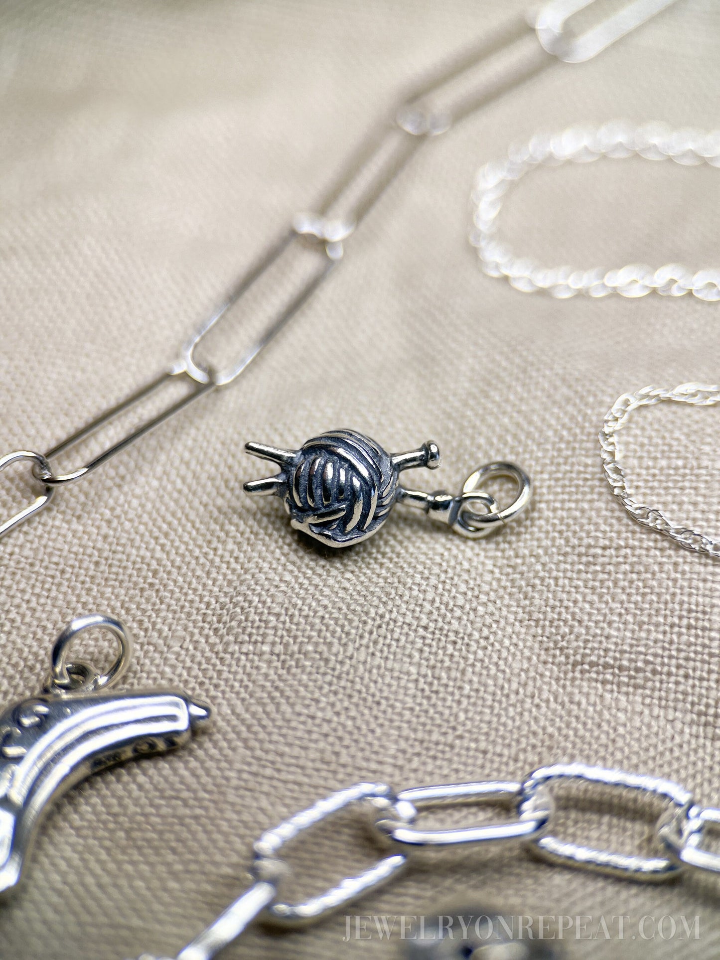 Knitting Charm Pendant in Solid Sterling Silver