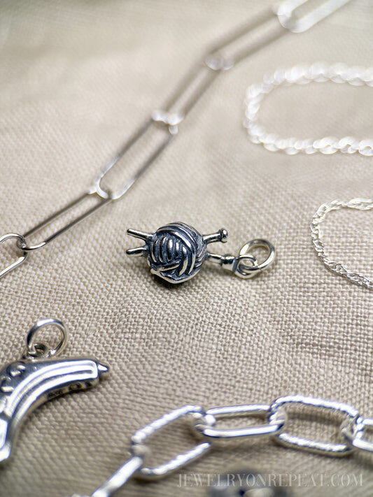 Knitting Charm Pendant in Solid Sterling Silver