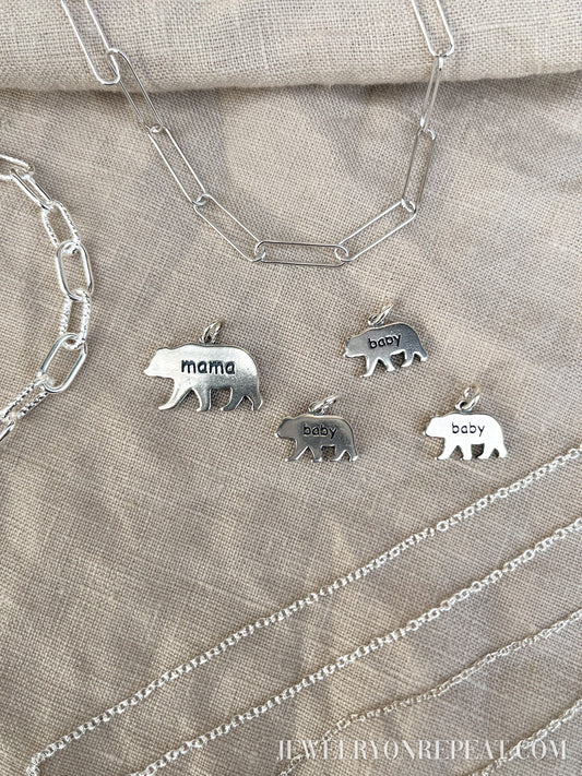 Sterling Silver Mama & Baby Bear Charm Pendants, Mothers Themed Minimalist Jewelry, Gift for Her